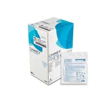 Pair of HLP Medical Supplies GAMMEX latex textured sterile surgical gloves in size 7.5, shown in a box of 50 pairs.