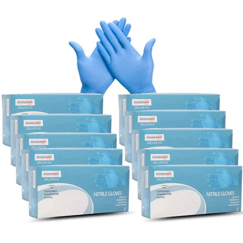 Box of Hlpmedical Mastermed Deluxe blue or black nitrile gloves, tear-resistant, powder-free, 6g, suitable for medical and industrial use.