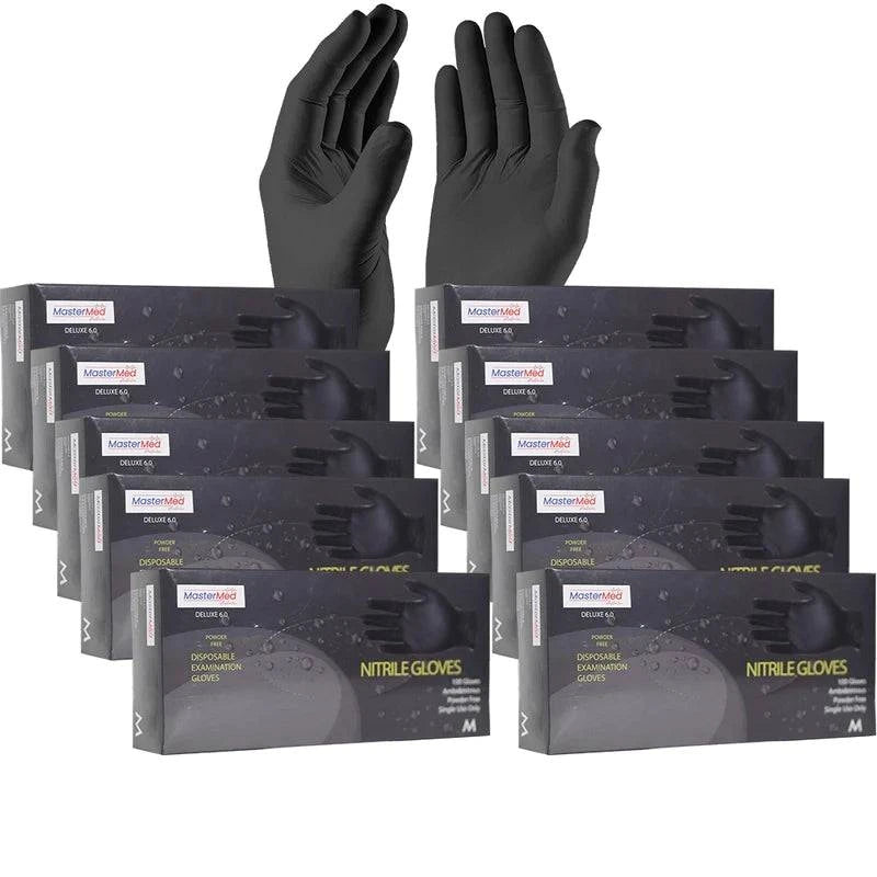 Pair of Mastermed Deluxe blue or black nitrile gloves, tear-resistant, powder-free, 6.0g, ideal for medical or industrial use.
