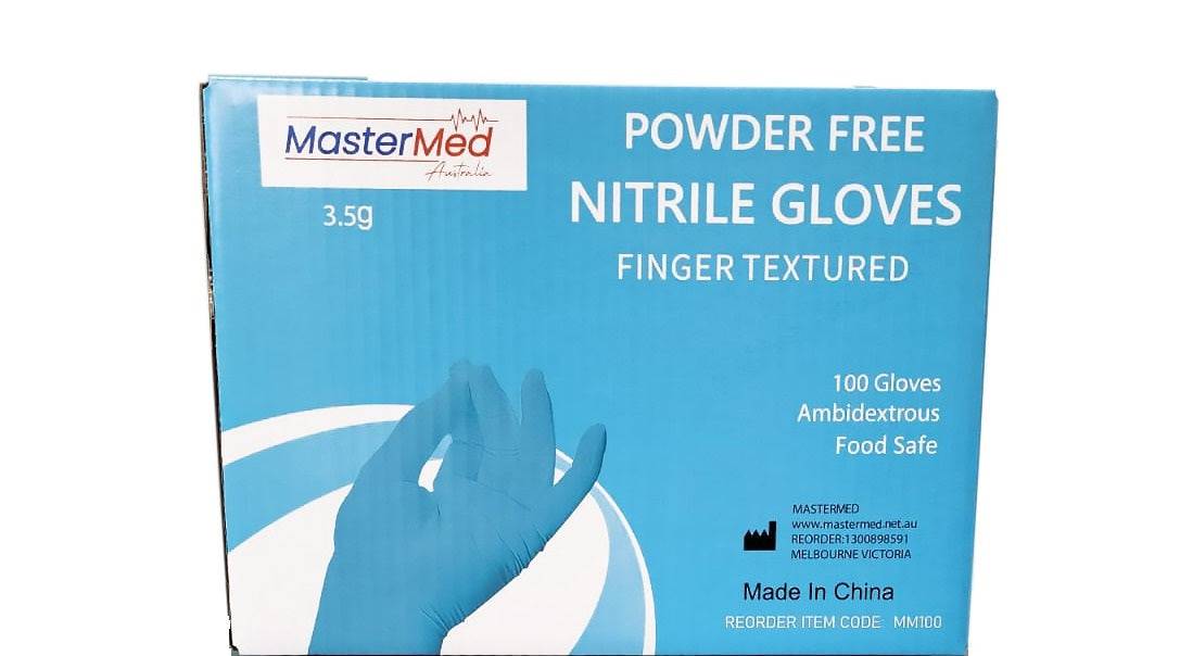 Blue Mastermed Deluxe Nitrile Gloves by Hlpmedical, tear-resistant and powder-free, shown in a carton.