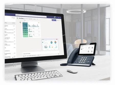 Yealink MP58 smart business desk phone with large color display, keypad, and multiple communication buttons, used for office calls.