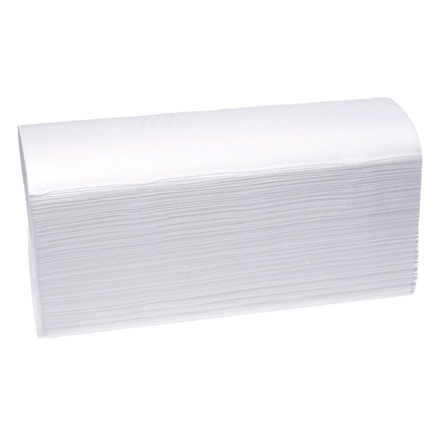 Interleaved 2-ply paper hand towels by HLP Medical Supplies, showing soft, absorbent towels on a clean surface.