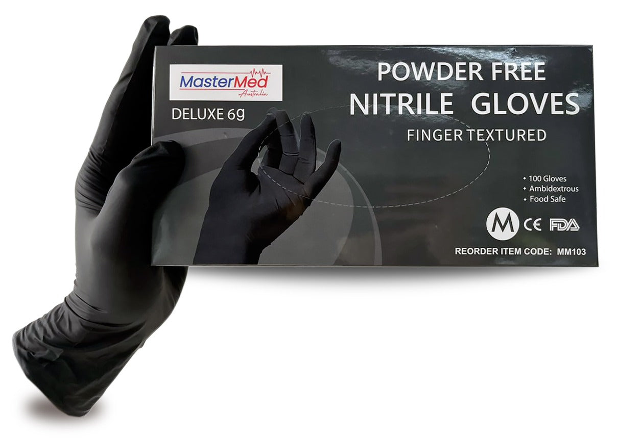 Mastermed Deluxe Blue or Black Nitrile Gloves Tear Resistant Powder Free 6.0g