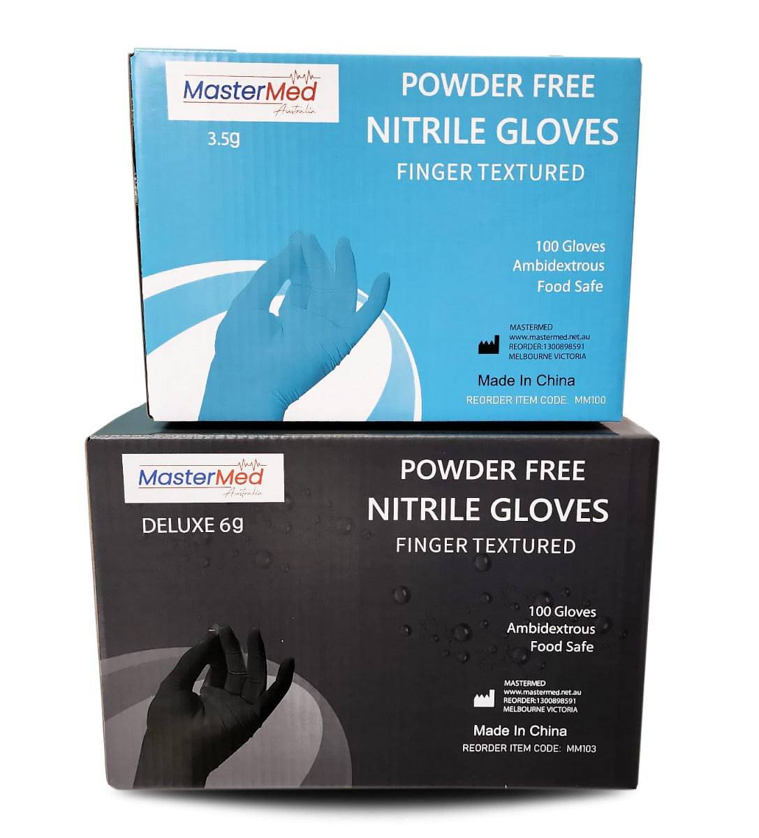 Hlpmedical Mastermed Deluxe blue nitrile gloves, tear-resistant, powder-free, 6.0g, showing the gloves folded and laid flat.
