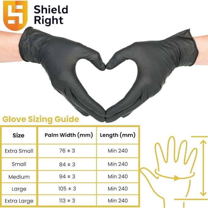 SHIELD RIGHT XtraGuard Black Nitrile Gloves - Heavy Duty, 6g, Disposable, Latex & Powder Free, Chemical & Puncture Resistant, Food Safe, Medical Grade