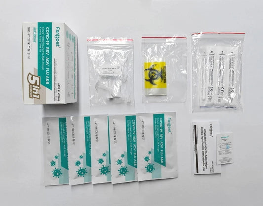 Hlpmedical Fanttest COVID-19, RSV, ADV, FLU A&B Antigen Combo Rapid Test Kit in single pack, showing test device and packaging