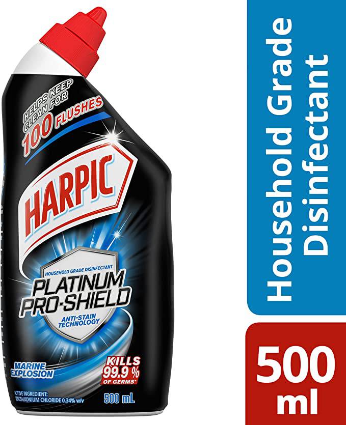 Harpic Platinum Pro-Shield Marine Explosion toilet cleaner 500mL bottle, pack of 8, with anti-stain technology for toilet sanitation