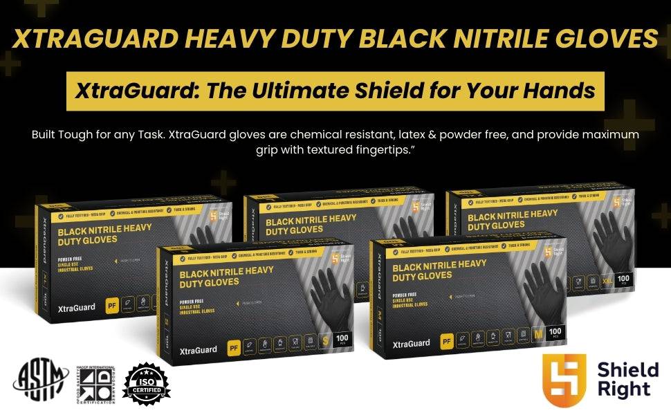 Black nitrile disposable gloves from Hlpmedical, heavy-duty, puncture-resistant, powder-free, food-safe, and medical grade.