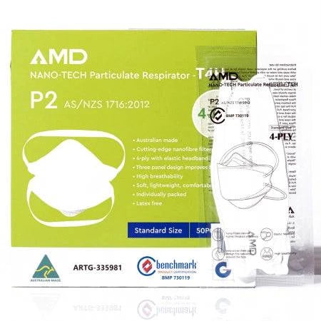 Box of 50 small P2 nano-tech particulate respirator masks with headband, PPE by Hlpmedical for personal protection.