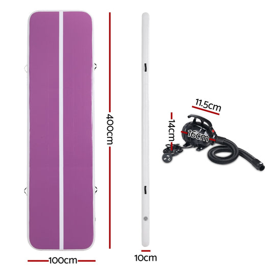 Everfit 4M purple air track gymnastics tumbling exercise yoga mat with pump, inflates for gym and fitness workouts.