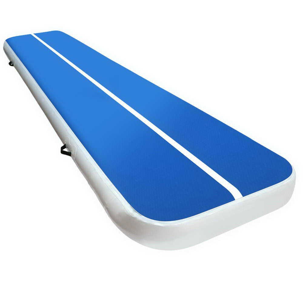 Blue and white 4m x 1m inflatable air track gymnastics mat, 20cm thick for tumbling and exercise, by Hlpmedical