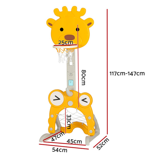 Keezi Kids basketball hoop stand in yellow, adjustable 5-in-1 sports center toy set for children, suitable for ball sports.