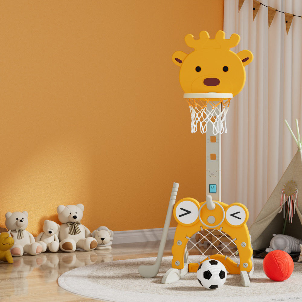 Keezi kids adjustable basketball hoop stand with yellow sports center, suitable for indoor and outdoor ball play.