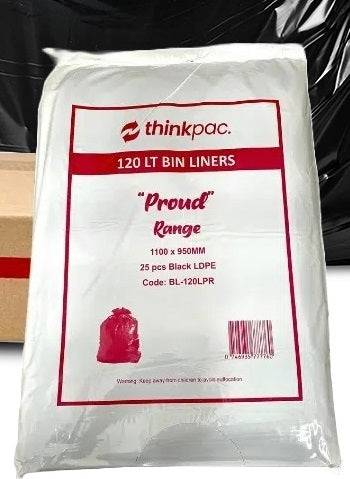 Black 120L bin liners by HLP Medical Supplies, 25 super-strong 30 micron trash bags, durable waste disposal liners.
