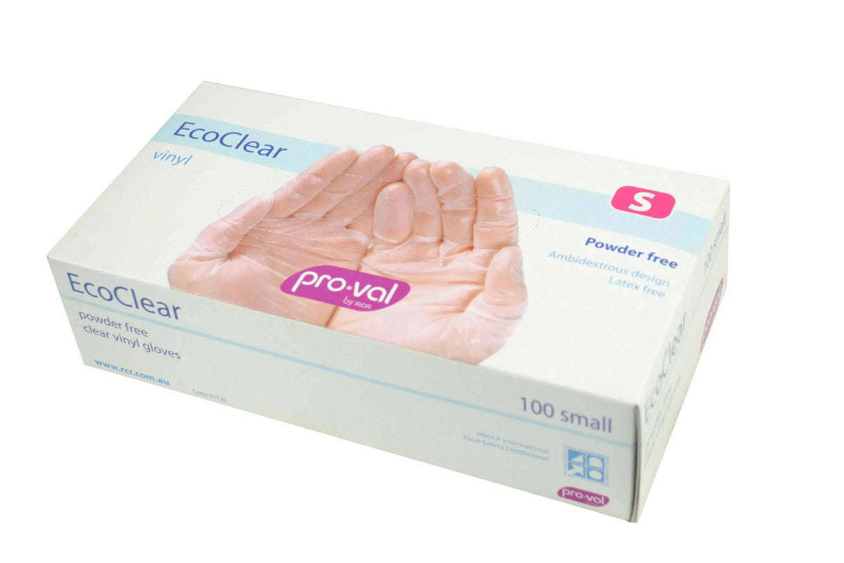 Box of 1000 EcoClear vinyl disposable gloves by HLP Medical Supplies, showing clear, flexible gloves for medical and hygiene use.