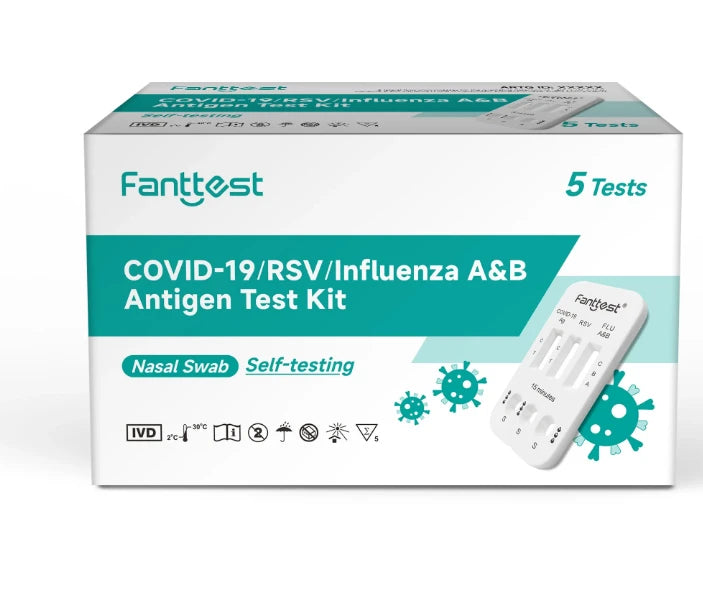 Hlpmedical Fanttest 4-in-1 nasal rapid antigen test kit for RSV, COVID-19, Influenza A & B, 5-pack, showing test devices and packaging.
