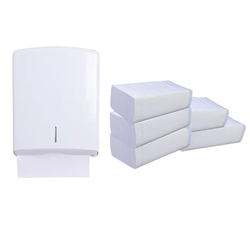 Interleaved 2-ply paper hand towel from HLP Medical Supplies, showing soft, absorbent towels with a clean, white appearance