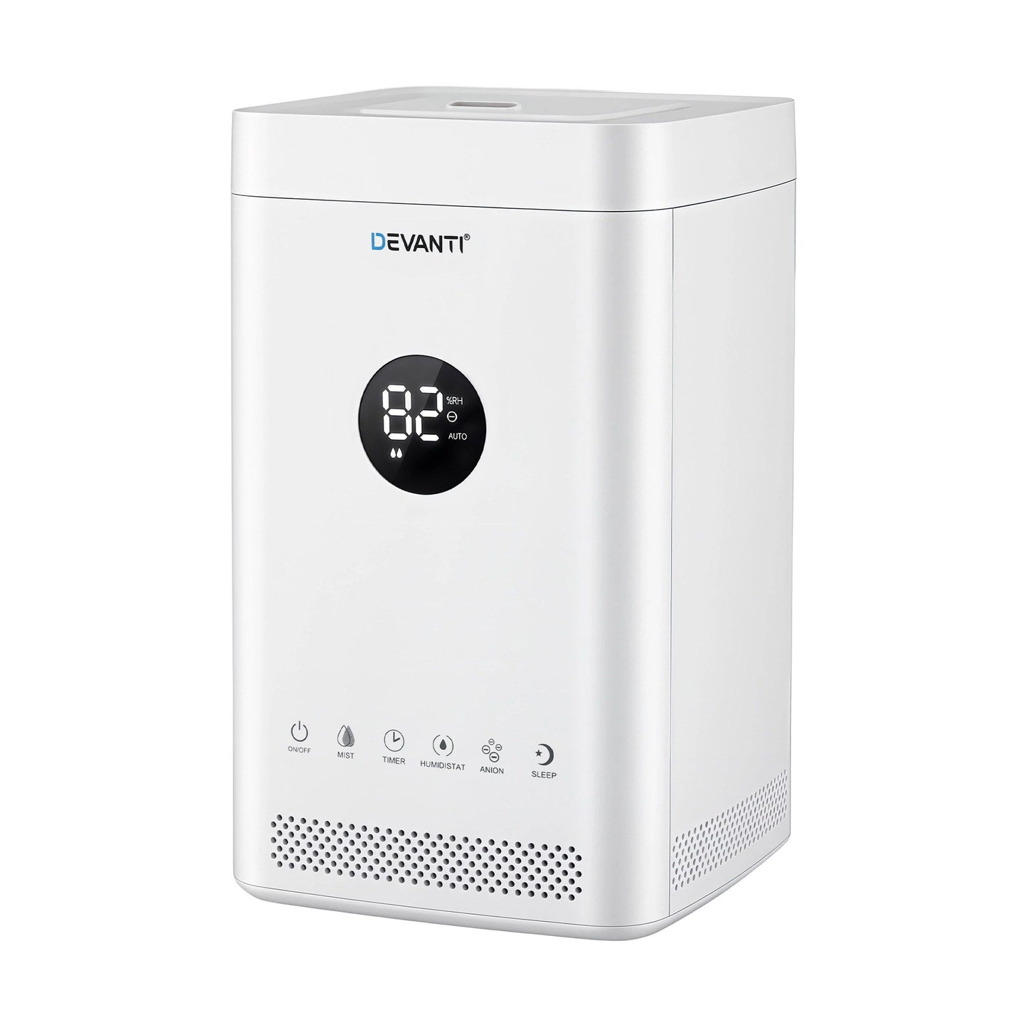 Devanti ultrasonic humidifier and air purifier in white, top-fill design with 3.5L capacity and auto humidity feature.