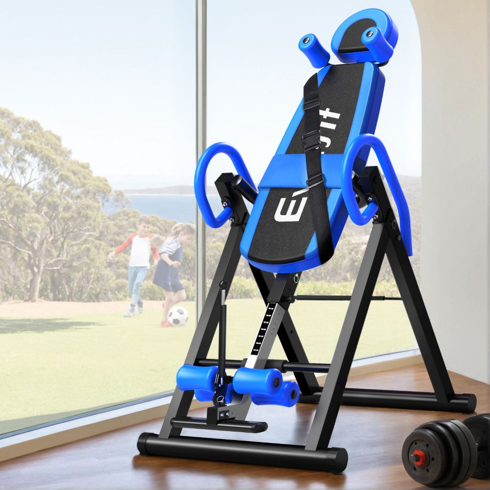 Blue Everfit inversion table for back stretching and gravity exercises, Hlpmedical gym equipment for home fitness use.