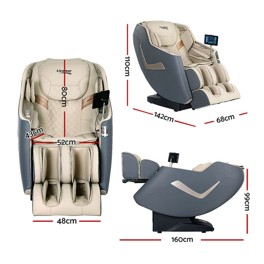 Hlpmedical Livemor 3D Opal electric recliner massage chair in gray with padded armrests, designed for home relaxation.