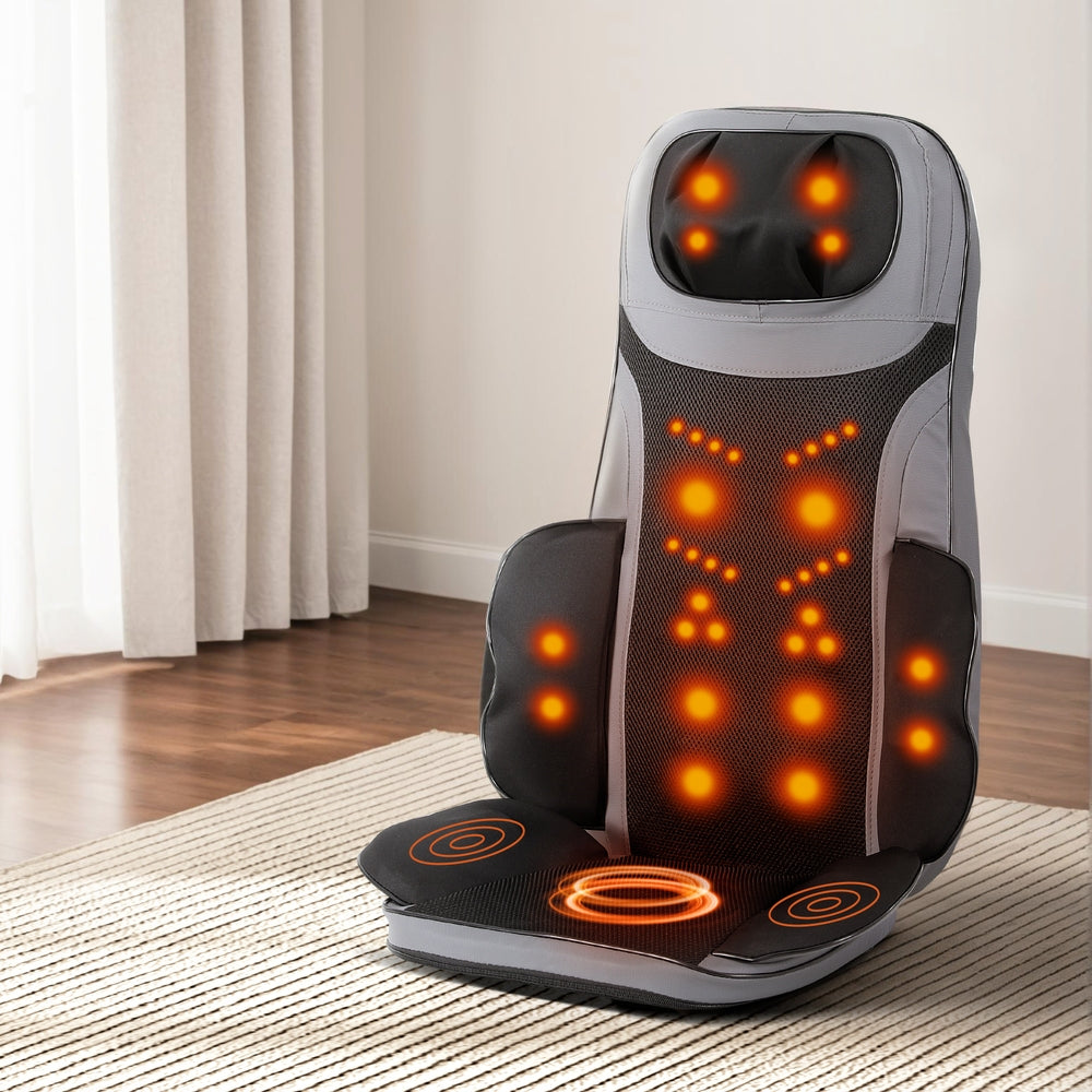 Hlpmedical Livemor 8-nodes full back massage cushion with heating for relaxation, shown on a massage seat.