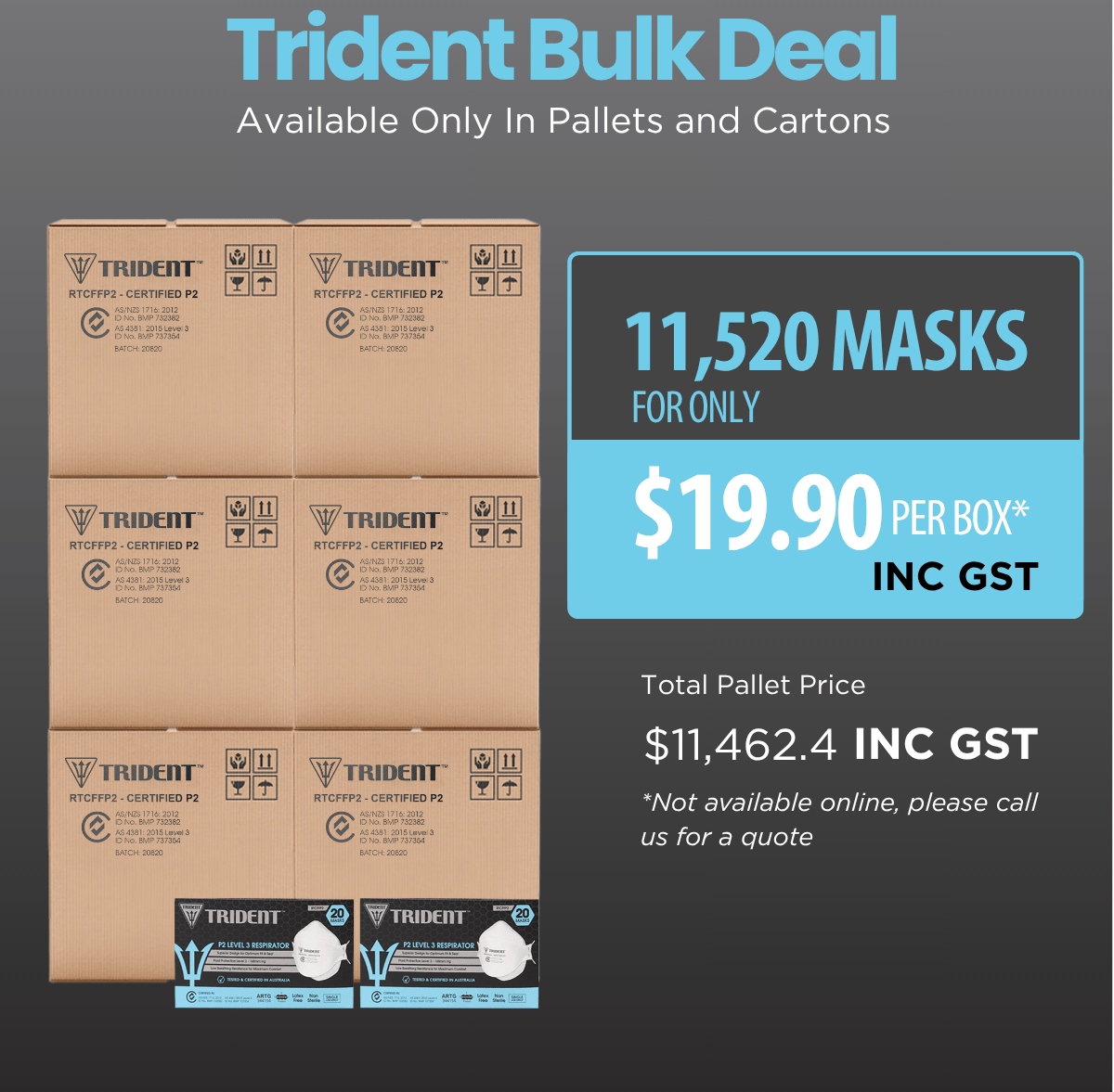 Hlpmedical Trident P2 respirator box with 768 individually packed regular size masks, designed for respiratory protection.