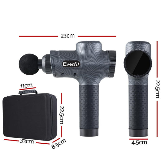 Everfit massage gun by Hlpmedical with 30 speeds, 6 heads, vibration therapy, chargeable grey handheld muscle massager.