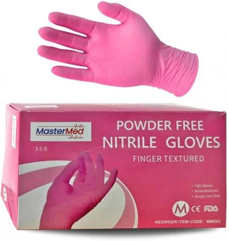 Pink nitrile gloves by Hlpmedical, powder and latex free, 3.5g, finger textured, snug fit, food safe for safe handling.