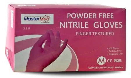 Pink Hlpmedical nitrile gloves, powder and latex free, finger textured, snug fit, food safe, 3.5g for medical and food handling.