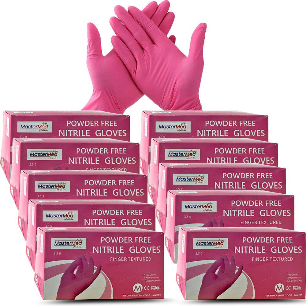 Pink Hlpmedical nitrile gloves, powder and latex free, 3.5g, finger textured, snug fit, food safe for safe handling.