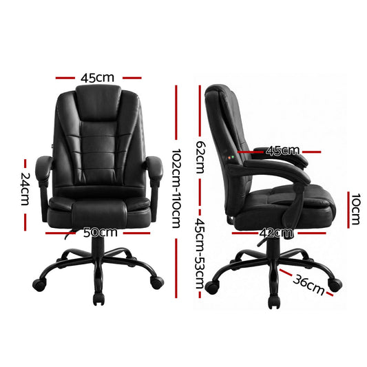 Black Artiss massage office chair with ergonomic design and PU leather upholstery, ideal for gaming and executive use.