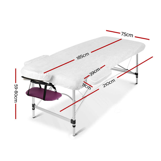 Portable violet Zenses massage table by Hlpmedical with 75cm width, 3-fold aluminium design for relaxation and beauty treatments.