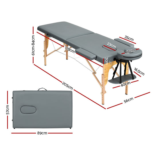 Portable grey Zenses massage table by Hlpmedical with 56cm height, 2-fold wooden design for relaxation and beauty treatments.