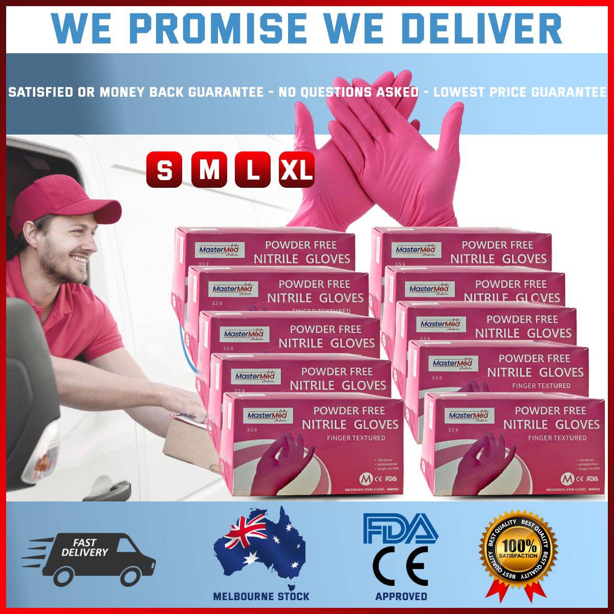 Pink Hlpmedical nitrile gloves, powder and latex free, textured fingers, snug fit, food safe, 3.5g disposable gloves.