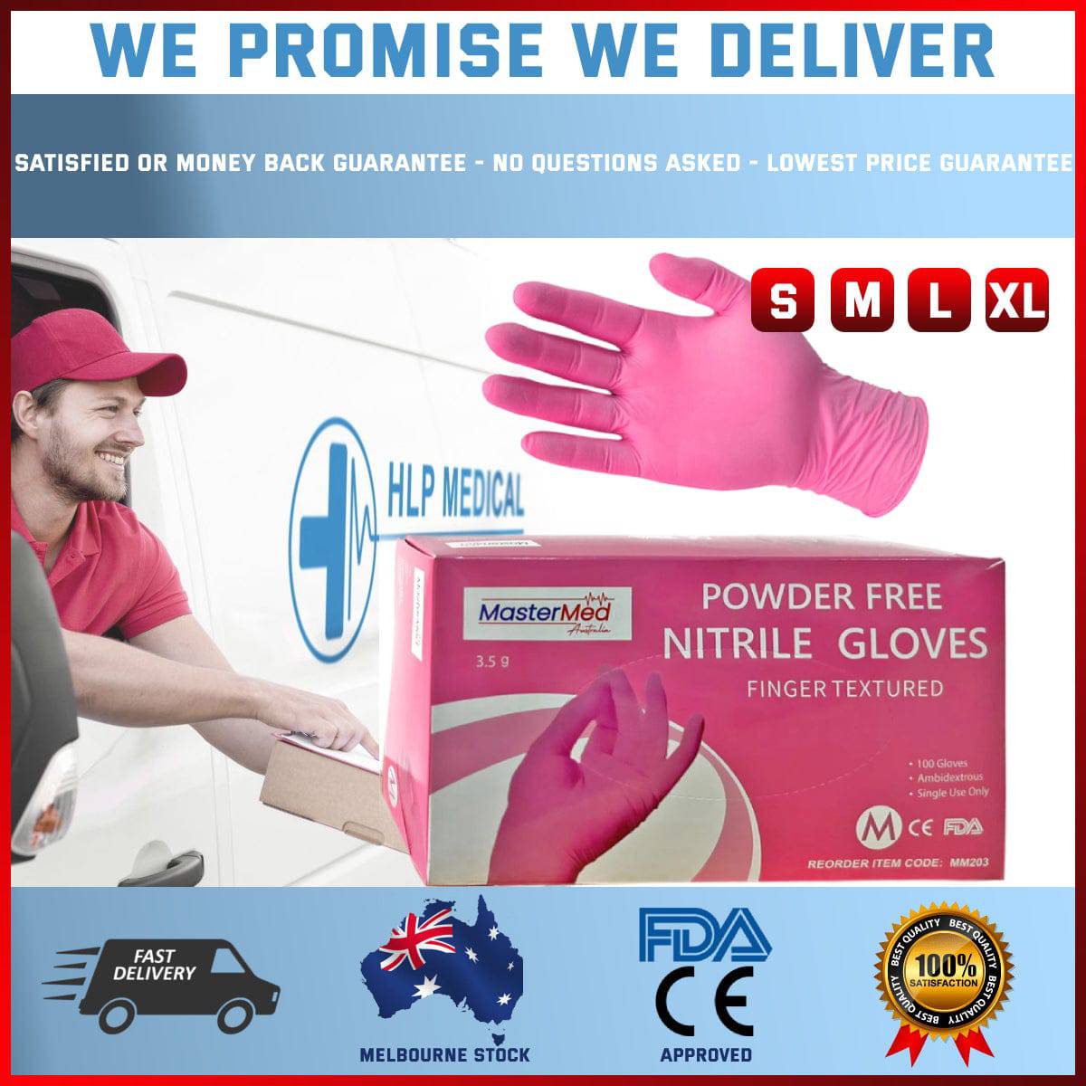 Pink Hlpmedical nitrile gloves with textured fingers, snug fit, powder and latex free, 3.5g, food safe for hygienic use.