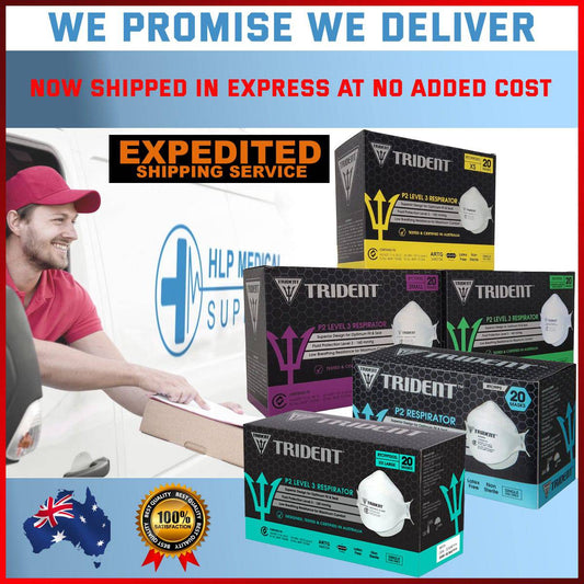 A promotional image featuring boxes of Trident P2 Respirator Level 3 Face Masks, individually packaged. The image shows boxes in various colors with the Trident logo and information about the masks' features and certifications.