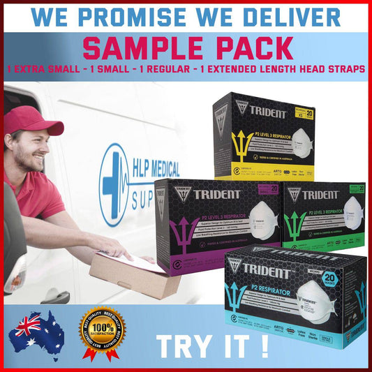 Trident P2 respirator sample pack with five masks in various sizes including XS, S, Regular, Extended Straps, and XXL, by HLP Medical Supplies.