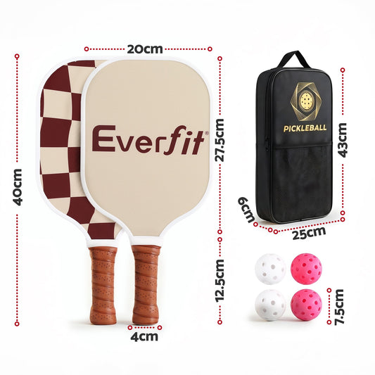 Everfit pickleball paddle set with fibreglass racquets, honeycomb core, and carrying bag in brown for outdoor pickleball games.