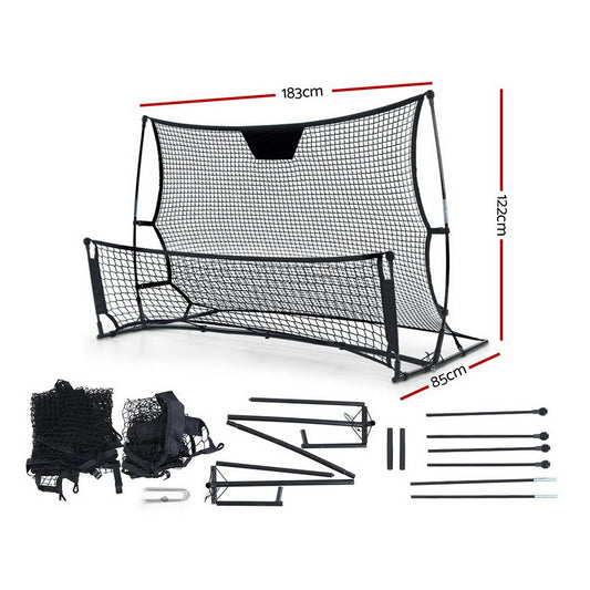 Black Everfit 1.8m portable soccer goal net with rebounder for sports training, featuring sturdy frame and mesh netting.