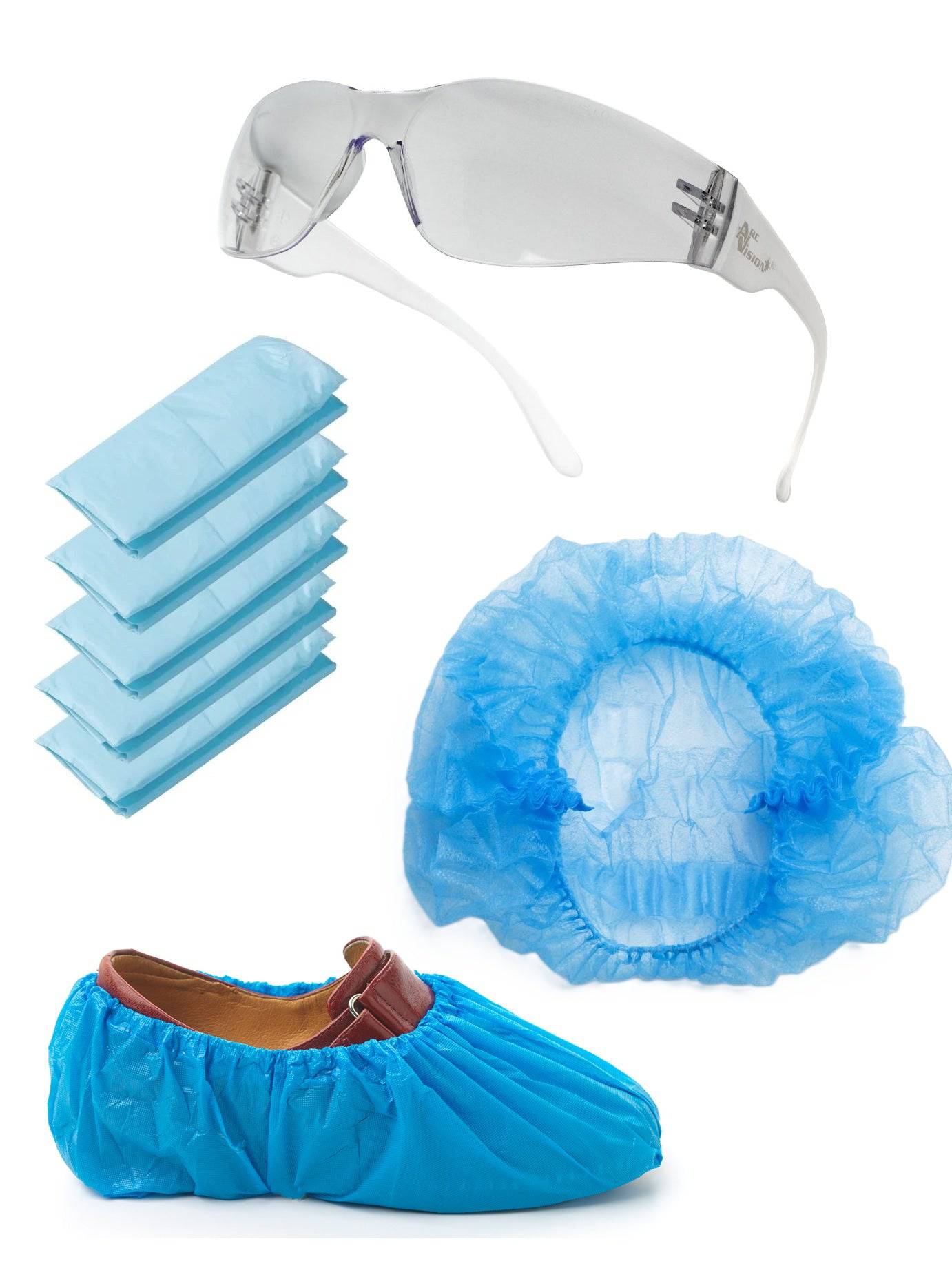 Hlpmedical PPE kit including isolation gown, shoe covers, safety glasses, and a hair net for protective medical use