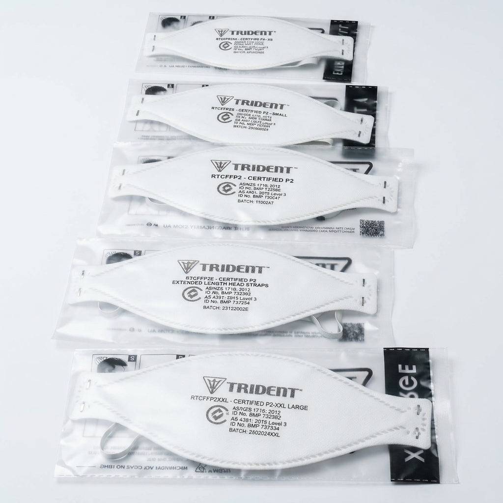 Trident P2 Level 3 respirator sample pack with five masks in XS, S, Regular, extended strap and XXL sizes