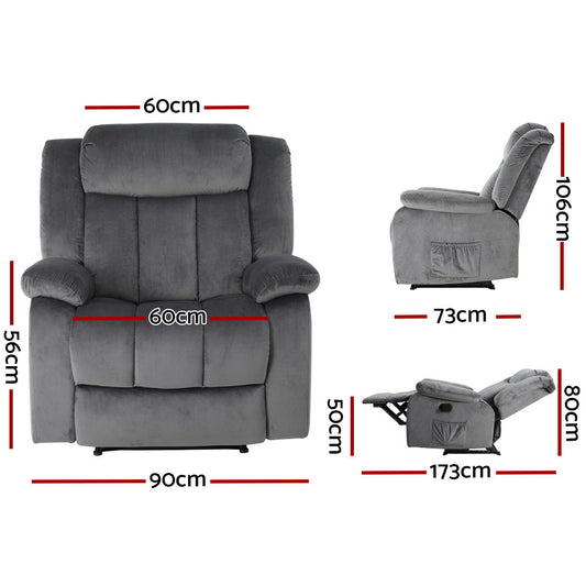 Hlpmedical Artiss grey velvet electric recliner massage chair with heated function, lounge sofa style for relaxing comfort.
