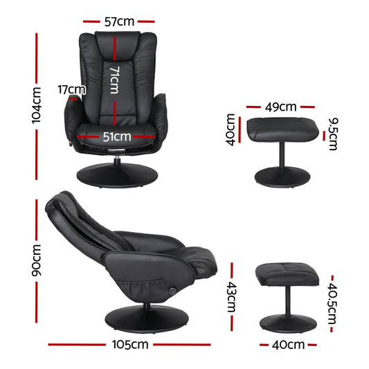 Black Artiss 2X recliner chair ottoman with heated massage feature, upholstered in plush material, from Hlpmedical.