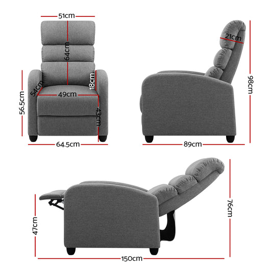 Gray Artiss recliner armchair with plush fabric upholstery, featuring a comfortable, modern design for relaxing seating.