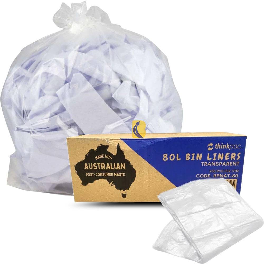 80L clear Hlpmedical trash bags bin liners for garbage collection, shown in a roll ready for use.