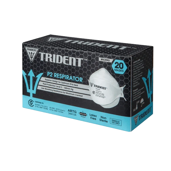 Box of five HLP Medical Supplies Trident P2 Level 3 N95 respirator masks in various sizes with extended straps and XS to XXL options.