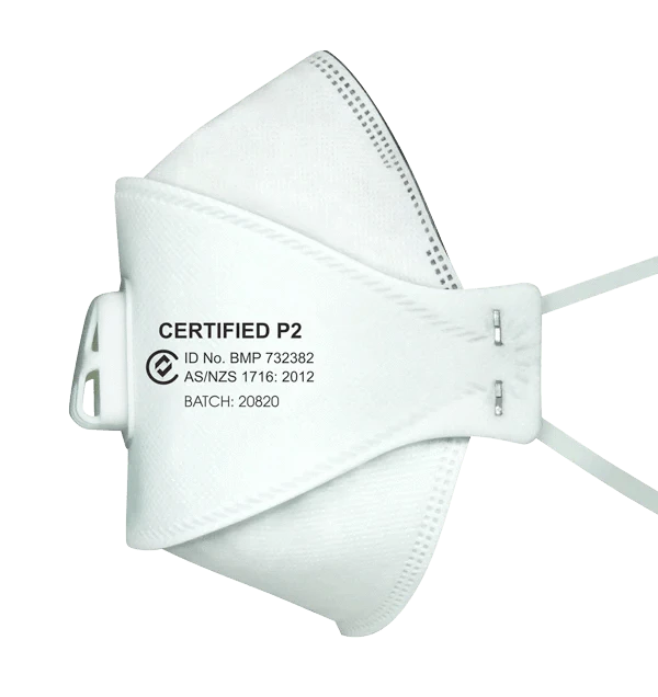 Hlpmedical Trident P2 regular valved disposable respirator shown from the left side, with adjustable straps and exhalation valve.