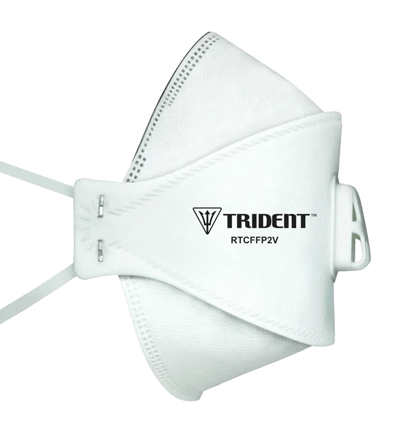 Trident P2 valved respirator with extended head straps, right-side view, industrial-grade Level 3 mask