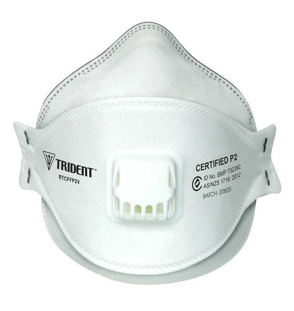 Trident P2 valved respirator with extended head straps, Level 3, front view, box of 20 masks
