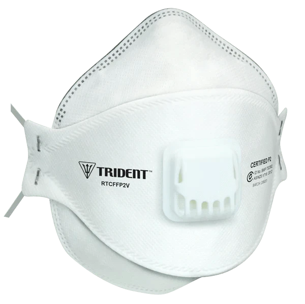 Hlpmedical Trident P2 regular valved disposable respirator showing a secure fit and valve for respiratory protection.